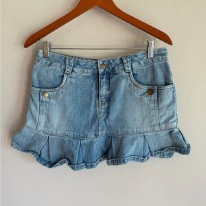 Mossissue Light Wash Denim‎ Pleated Ruffle Mini Skirt Size 7 Cotton Y2K Style